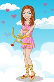 Kim's Yahoo Avatar for this entry. A pink dress, and Cupid's bow, with floating hearts in the background.